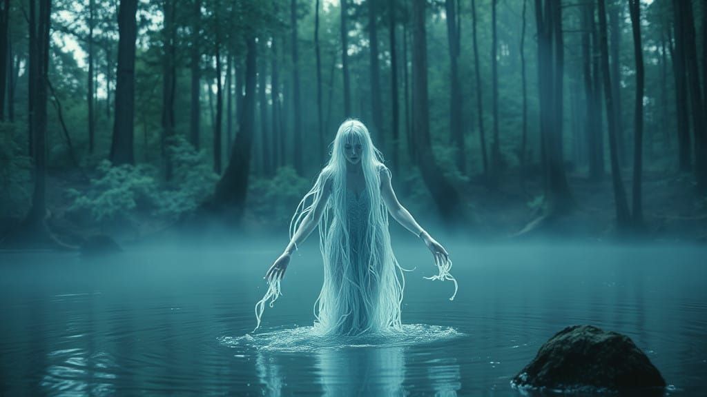 Ethereal Water Nymph Rises from Pond in Forest