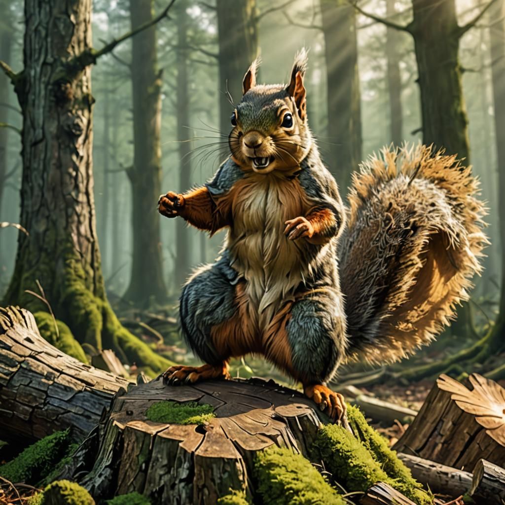 Fierce Squirrel in Misty Forest: Comic Book Art