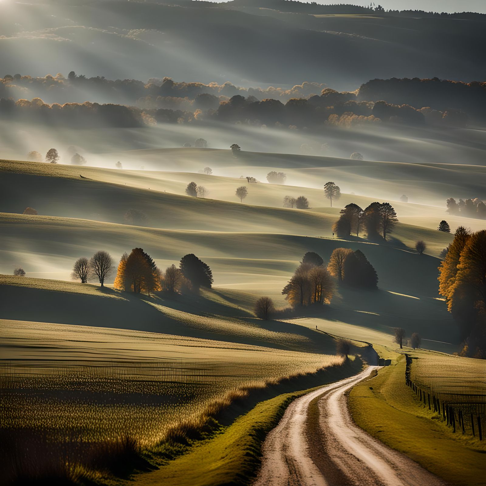 une route de campagne paisible, beau paysage, belle lumière, photography, nikon z9,landscape, photo, flares discrets, mi...