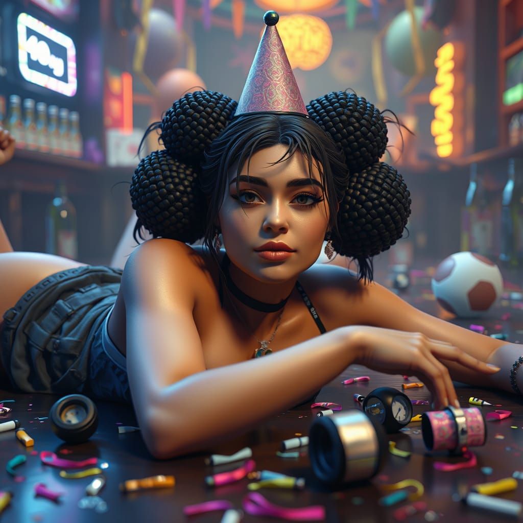 Drunk Birthday Girl in Bar, 3D Rendered in 8K