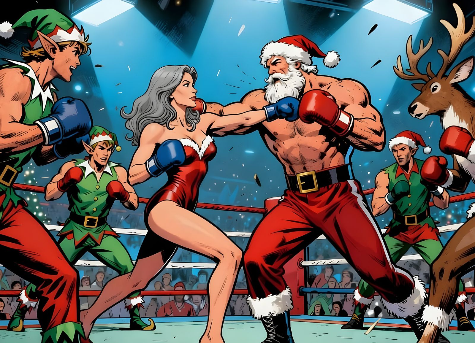 Muscular Santa Claus and Mrs. Claus Boxing Match