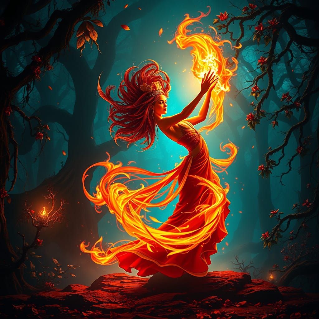 Mystical Fire Dancer in Ancient Forest Landscape