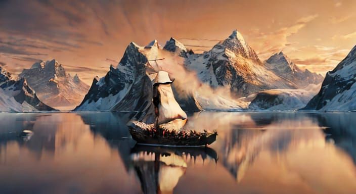 Viking Longship Sails Frozen Fjord at Sunset