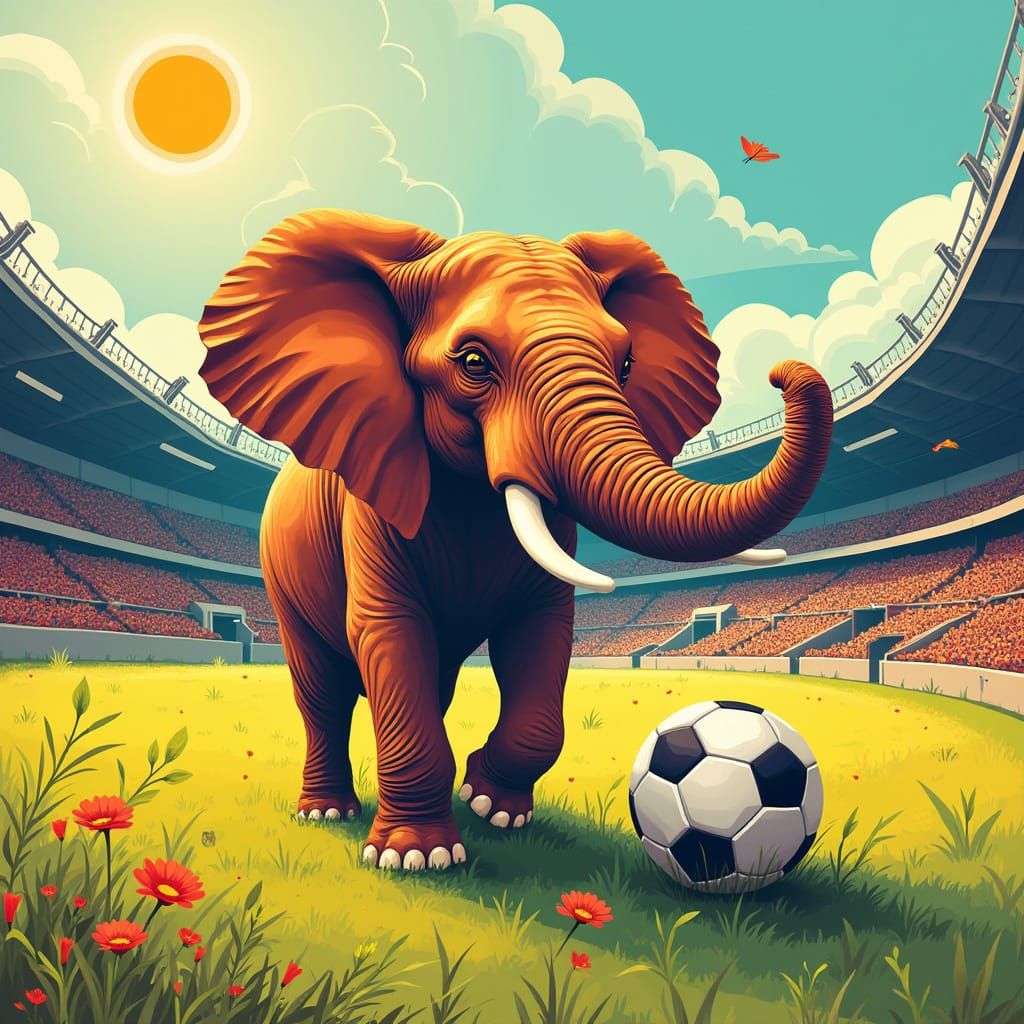 Elephant Plays Soccer in Stadium: Digital Art