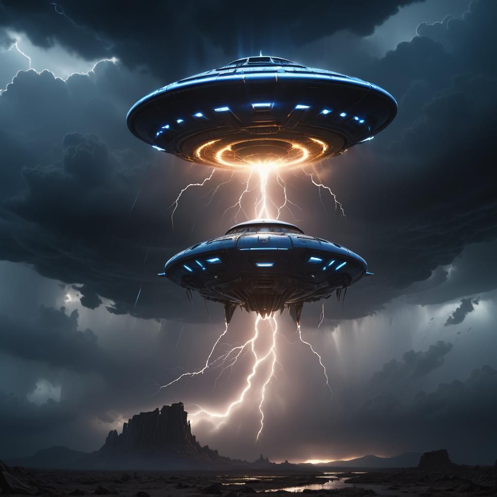 Alien Spaceship Soaring Through Lightning Storm