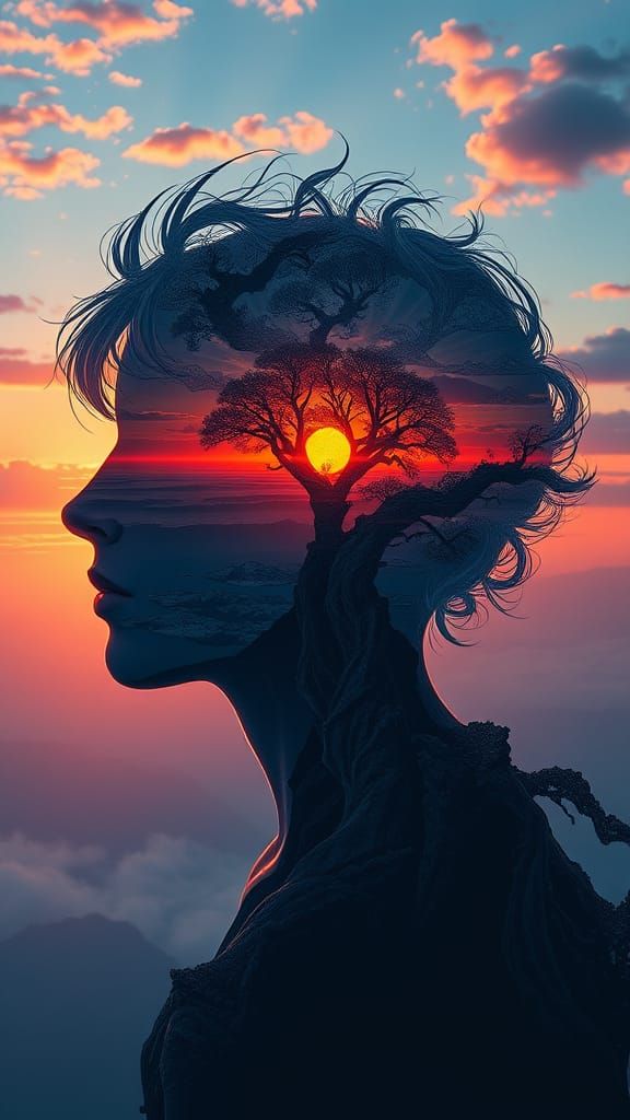 Anime Fantasy Sunset Landscape with Double Exposure Epic Det...