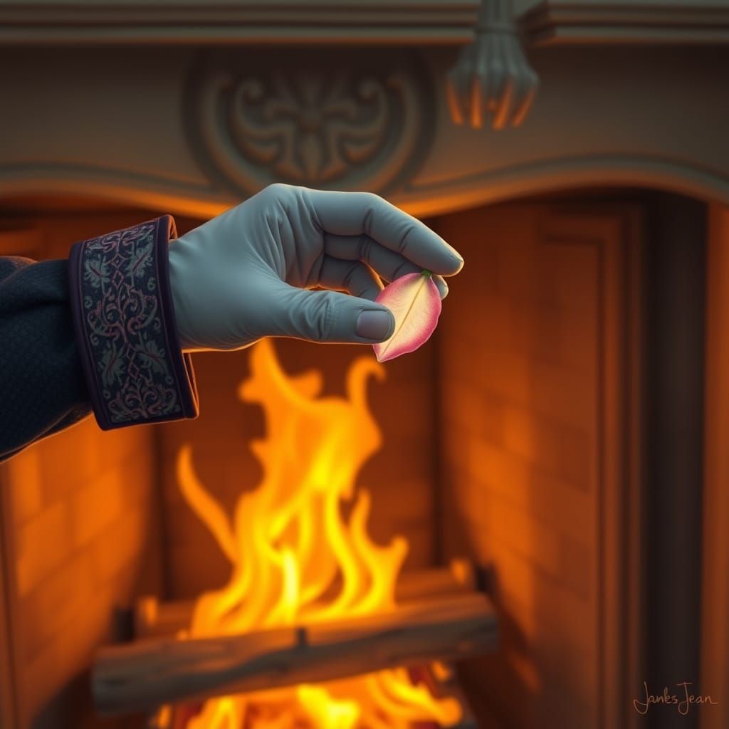 Embroidered Glove Catches Glowing Petal, Digital Art