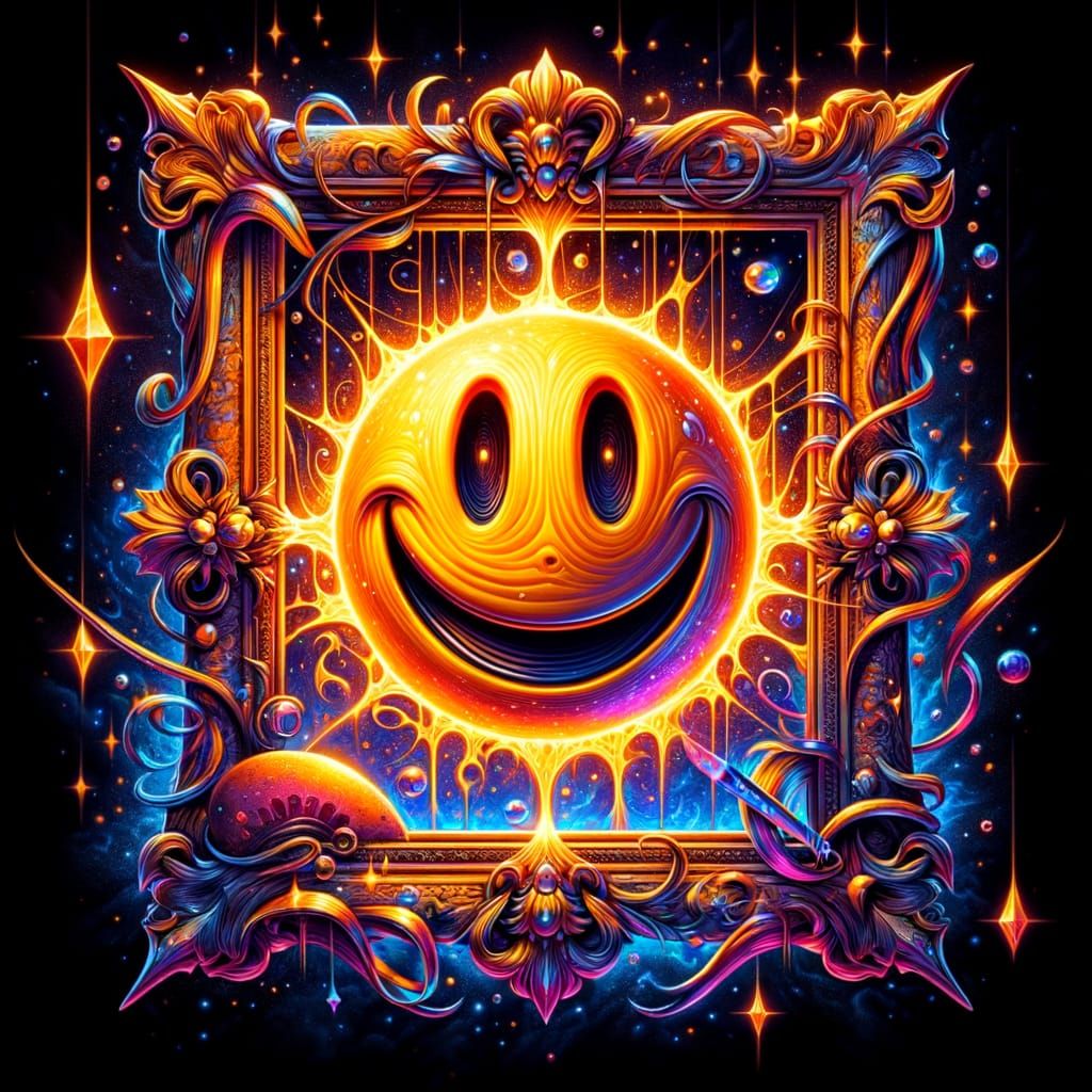 An ACID smiley that comes out of a picture, black background...