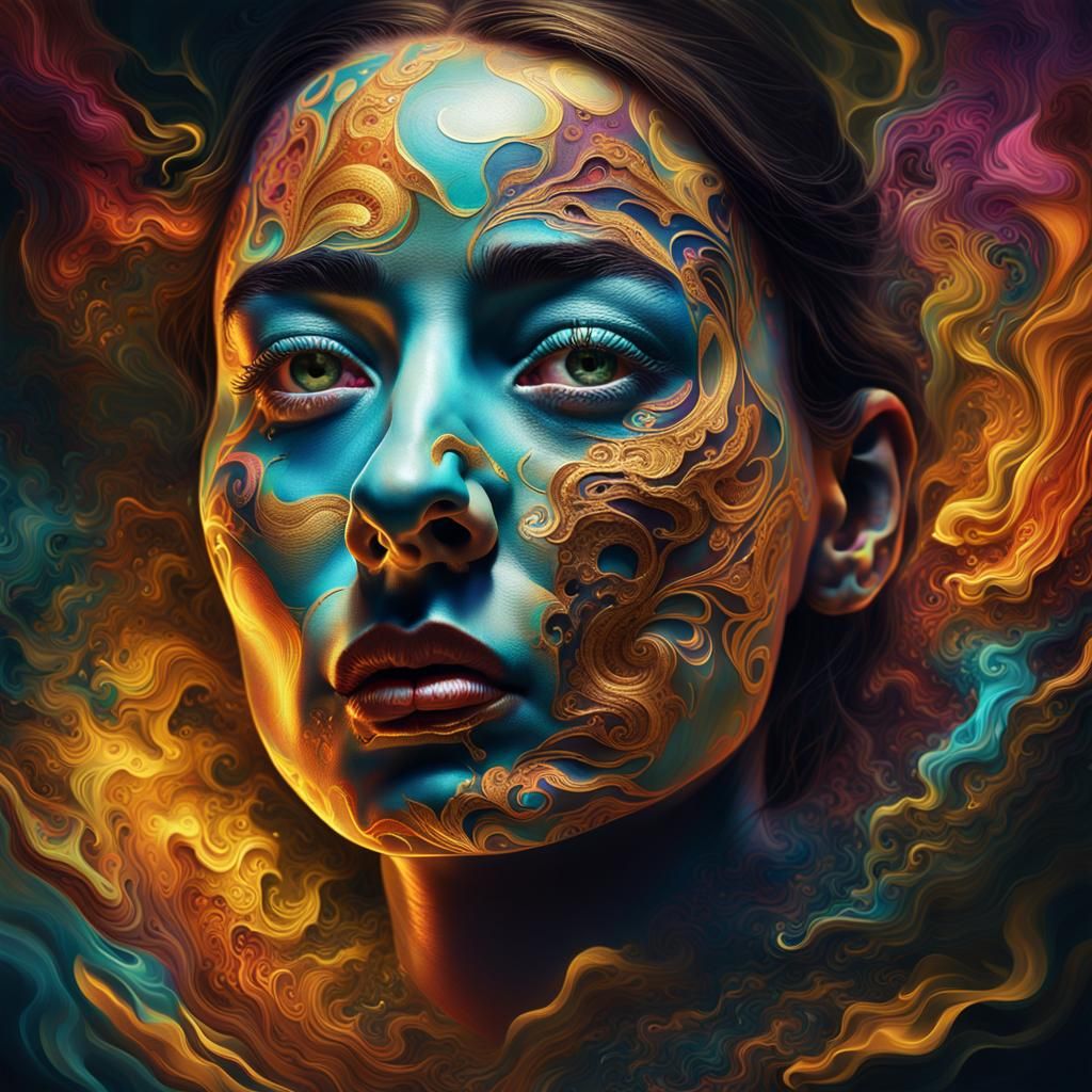 Surreal Woman's Portrait with Fractal Patterns in Vivid Colo...