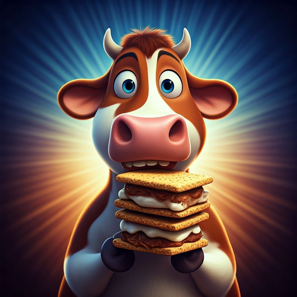 Cute Cow Savors Colorful S'mores in Vibrant Digital Art