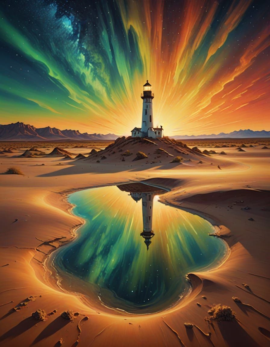 Surreal Lighthouse Oasis Under Celestial Vistas