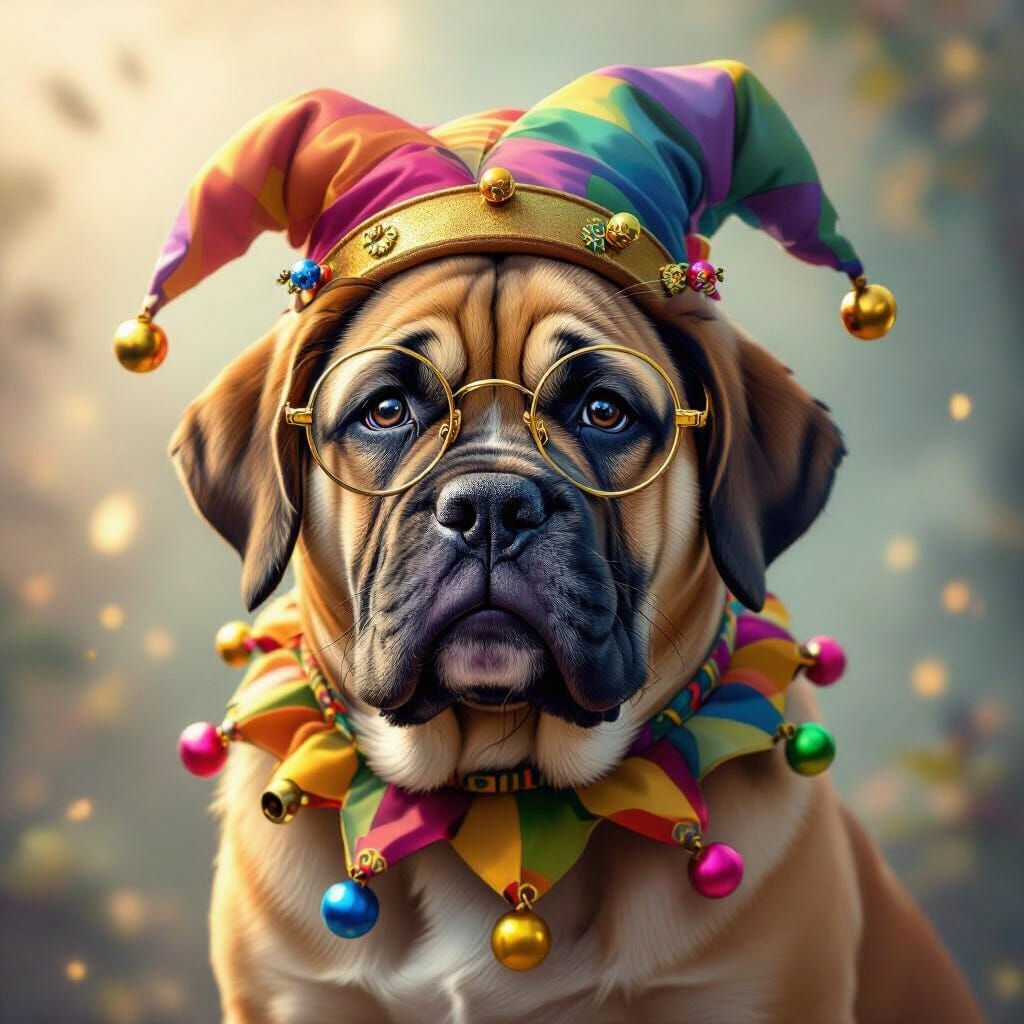 Humiliated English Mastiff in Jester Costume with Glasses