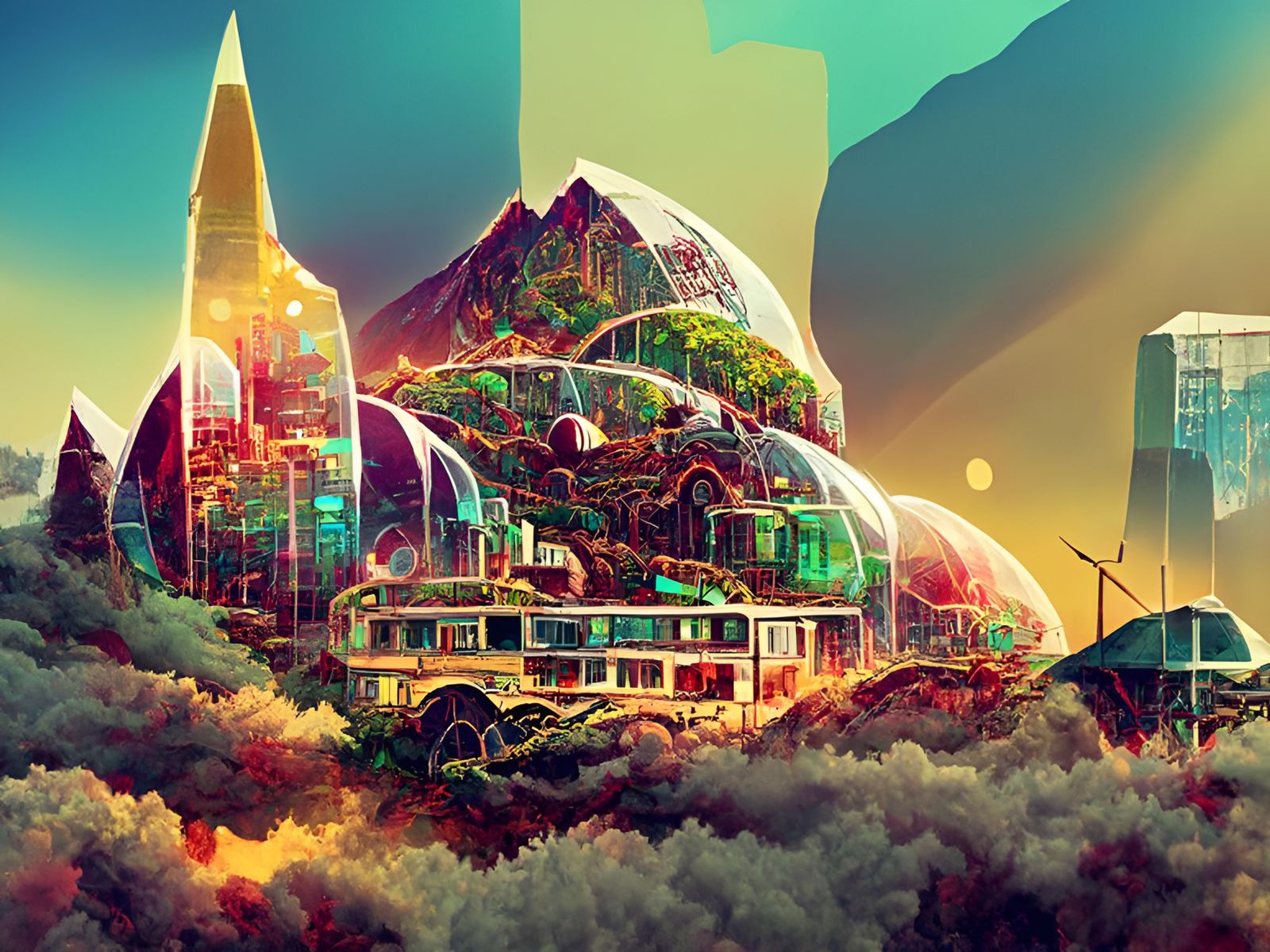 Solarpunk City in Mountains: Chillhop Illustration