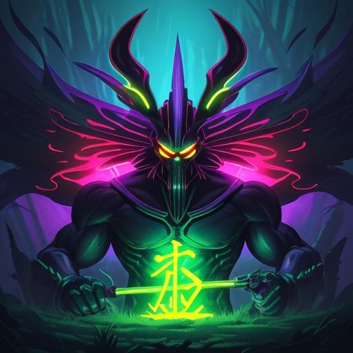 Neon Cartoon Monster in Glowing Underwear Forest