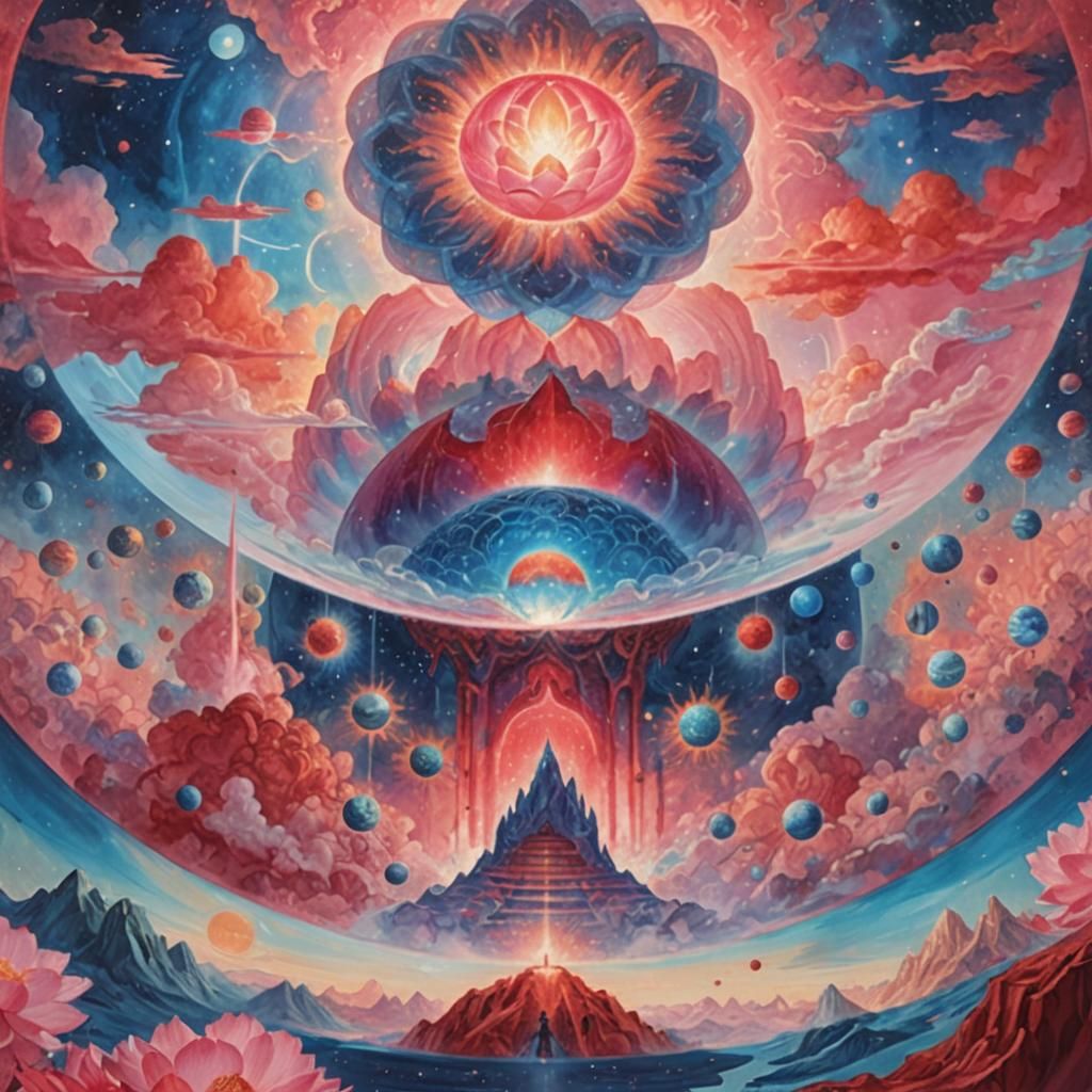 Cosmic Hemispheres with Lotus in Pablo Amaringo Style