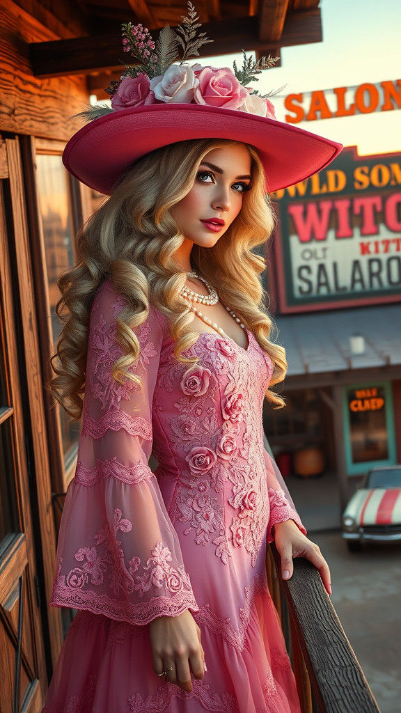 Victorian Cowgirl in Pink Lace Dress