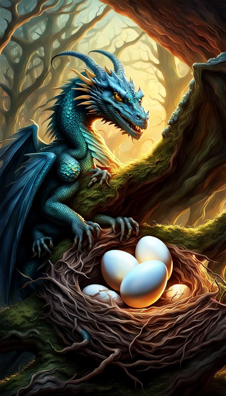 Mother Dragon and Hatchlings in Cozy Nest
