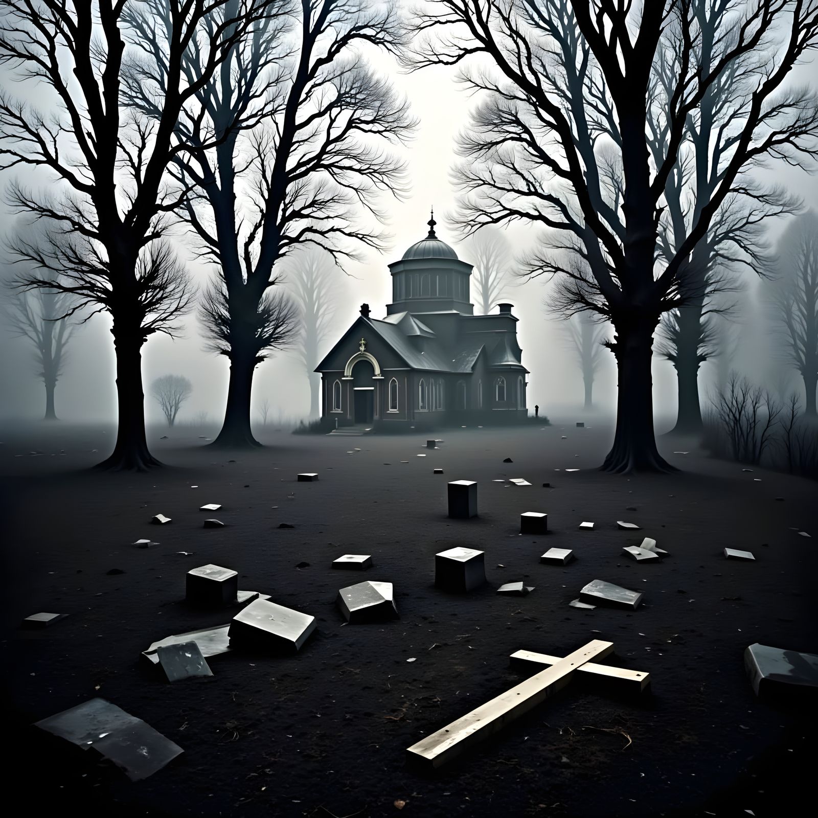 Misty Graveyard Scene with Old Church