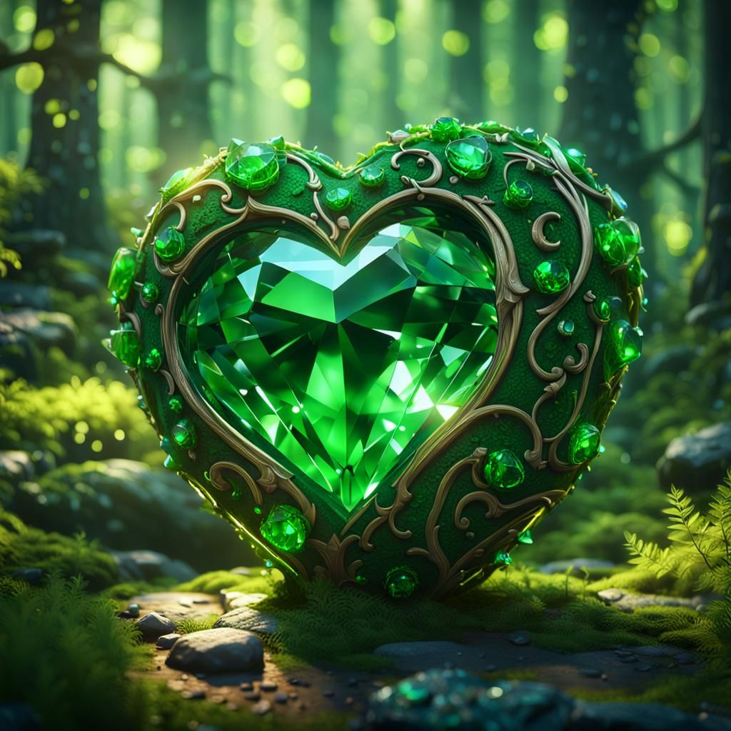 Green Diamond Heart in Sherwood Forest: Fantasy Art