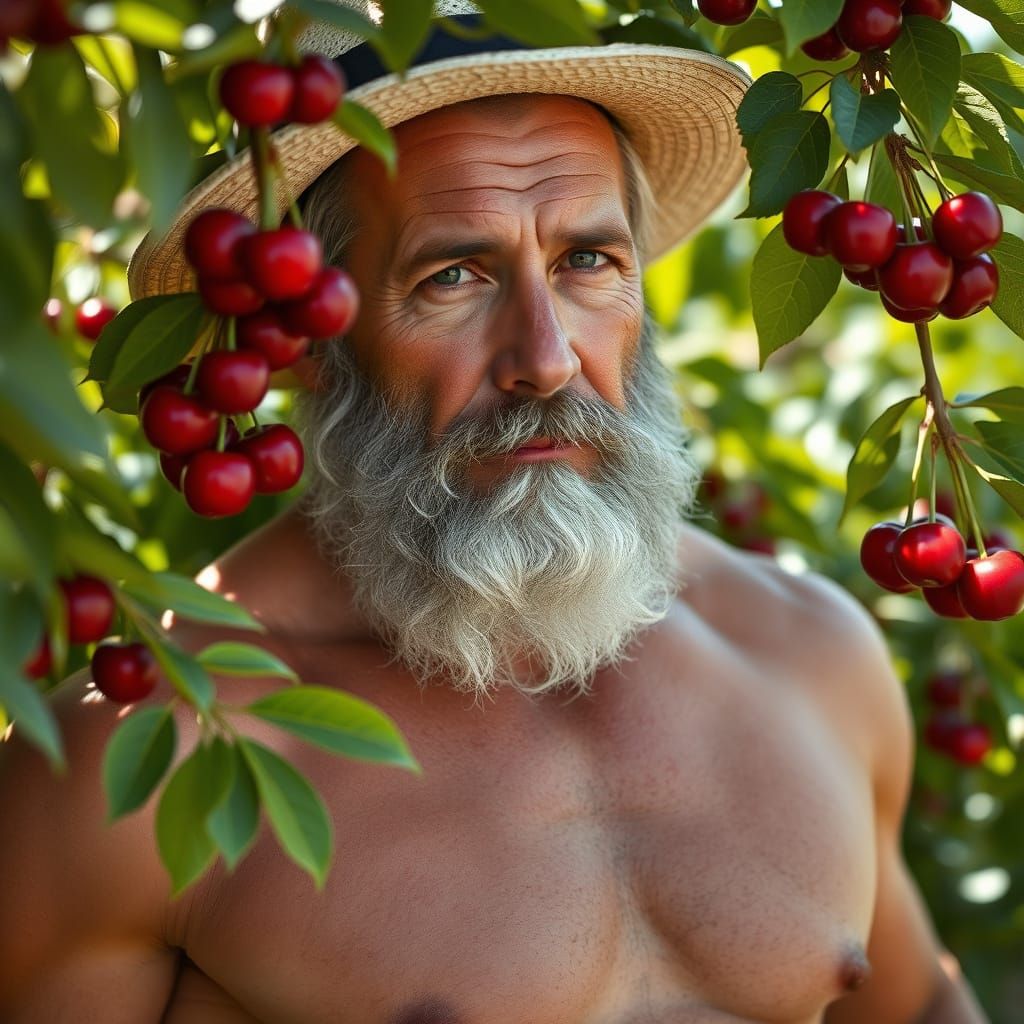 Man with Beard Picking Cherries, Photorealistic Portrait