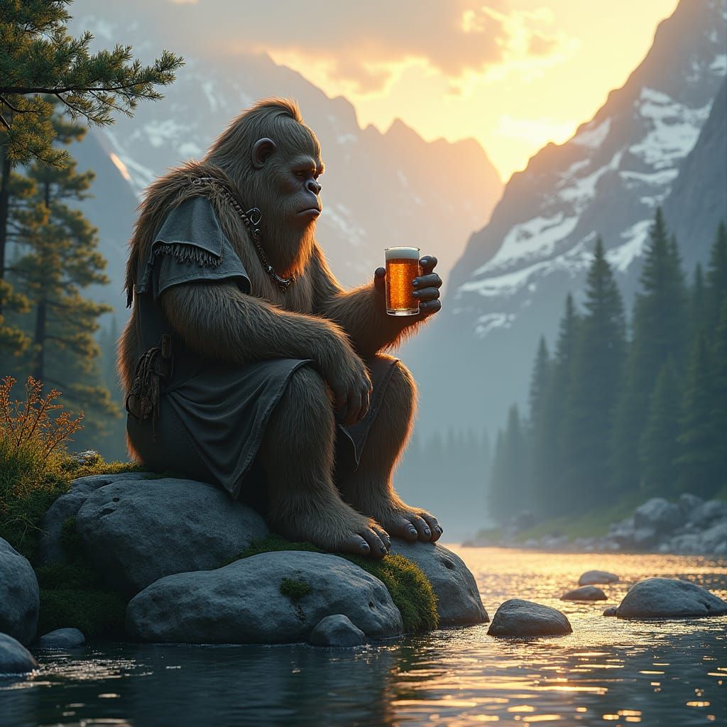 Sasquatch Enjoying Ale by a River at Sunset