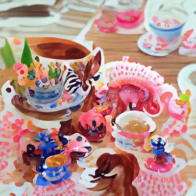 Detailed Gouache Painting of an Animal Tea Party