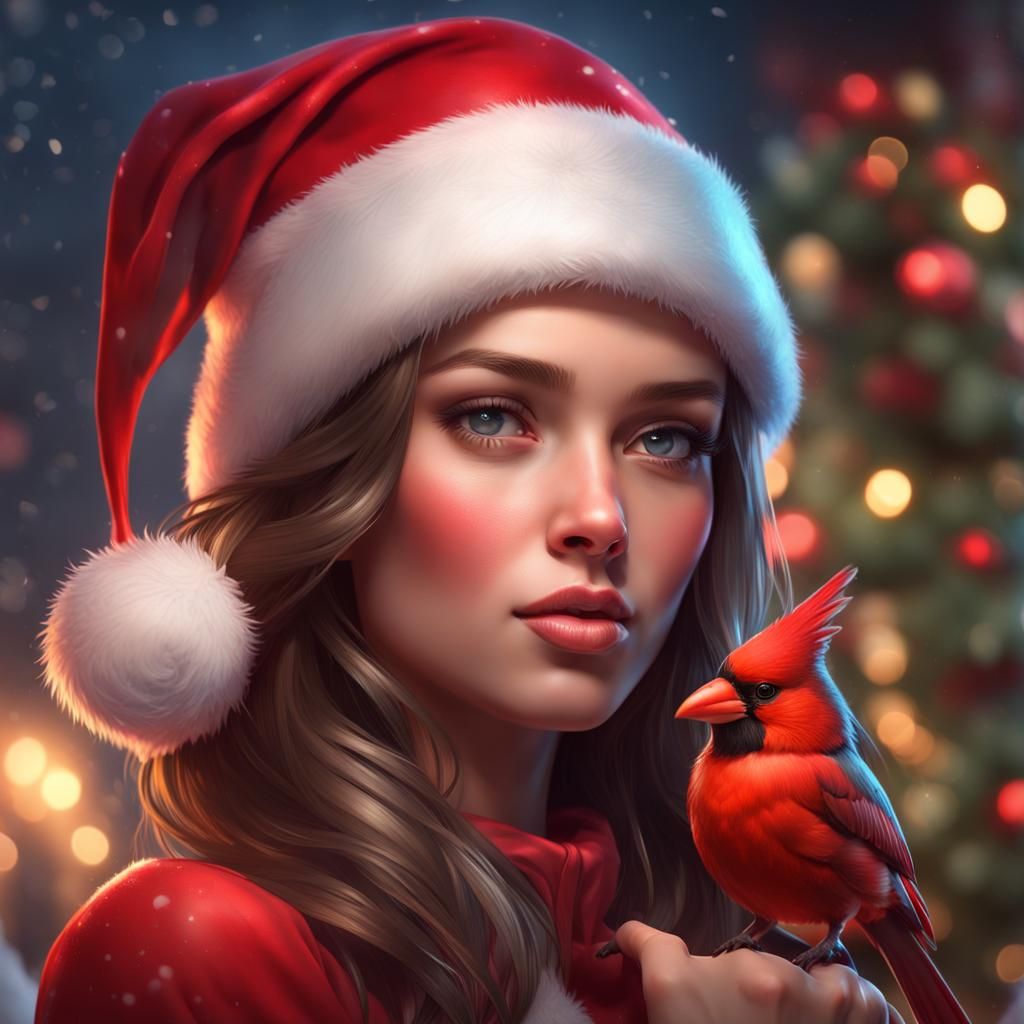 Christmas Girl with Cardinal: Hyperdetailed Portrait