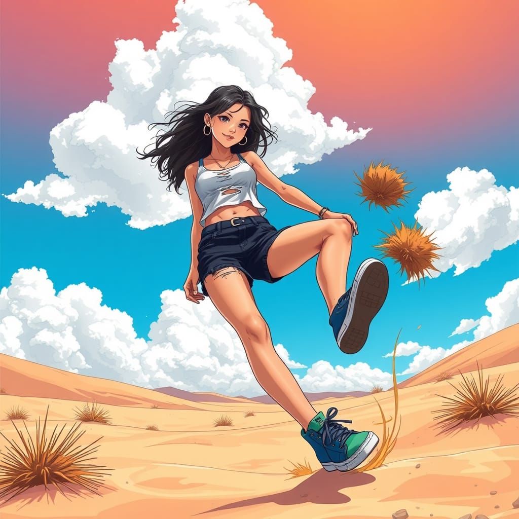 Anime Woman Kicking Tumbleweed in Desert