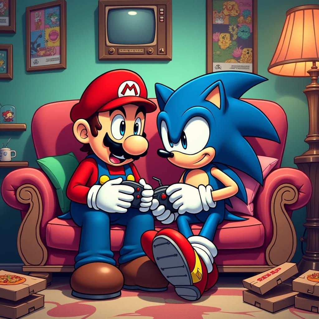 Sonic and Mario Playing Videogames in Comic Book Style