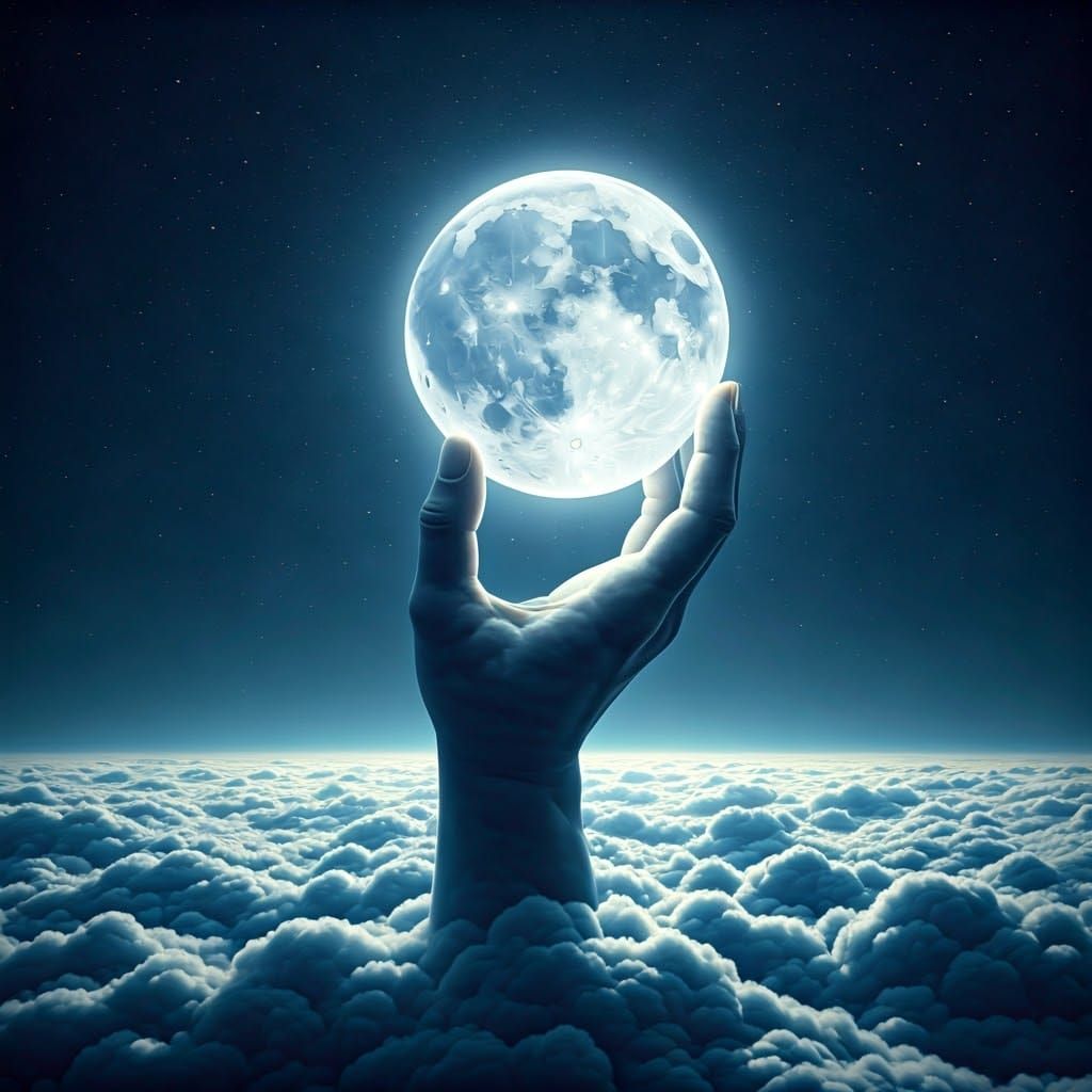Cloud Hand Cradling Moon in Surreal Sky