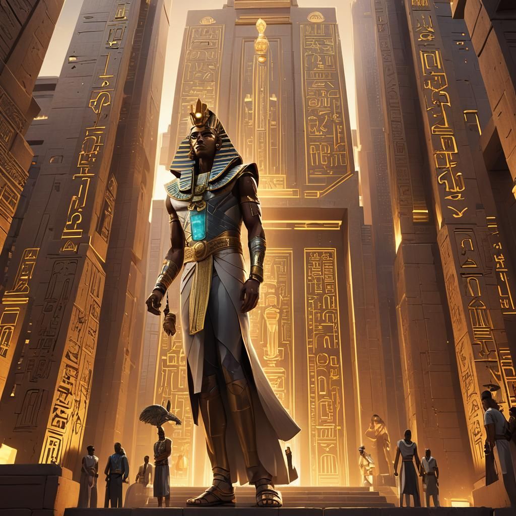 Modern Pharaoh at Skyscraper Temple Entrance
