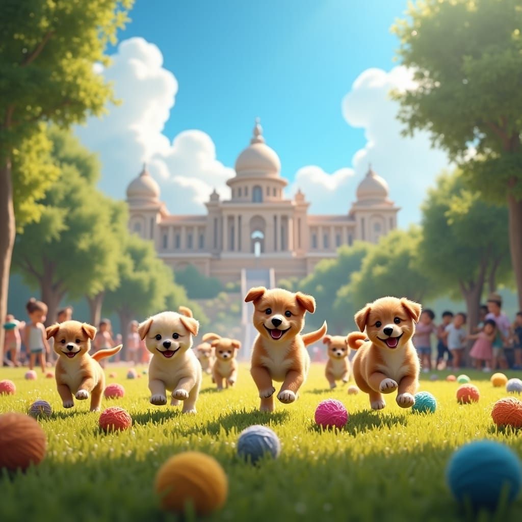 Puppies and Kittens in Sunlit Park with Temples