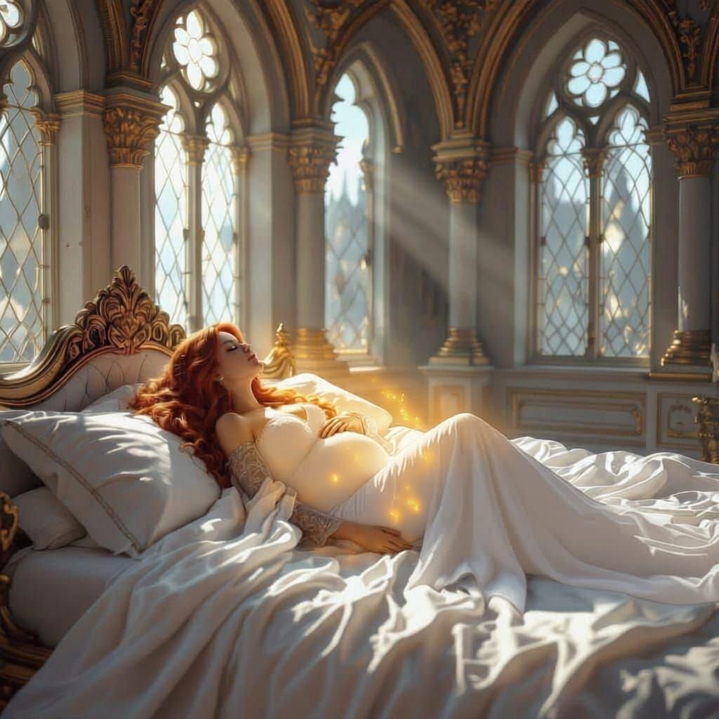 Redheaded Woman Sleeping in Fantasy Castle Bed