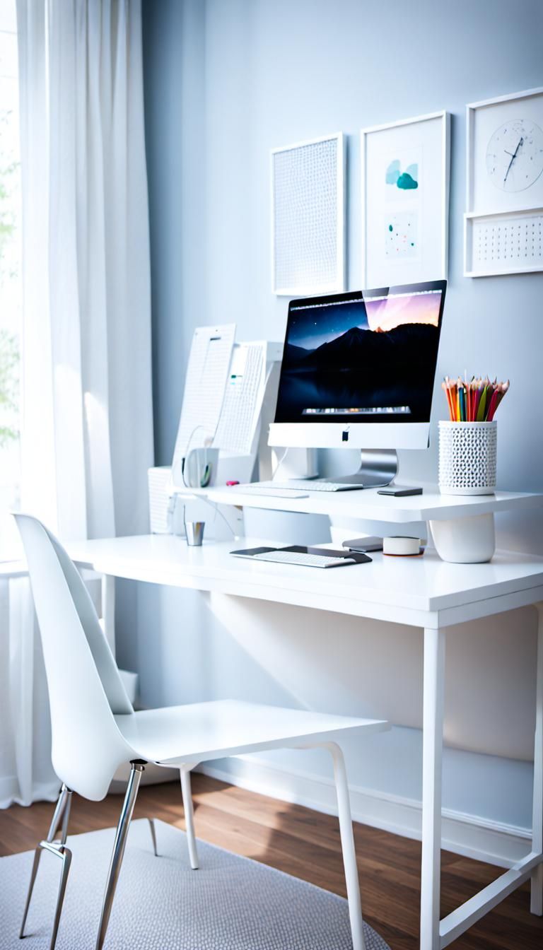 Minimalist Desk Setup in Bright Bedroom with Macbook