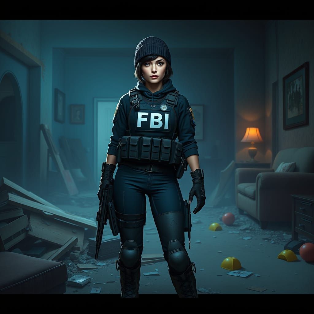 FBI Agent Emerges from Darkened Raid Scene in Cyberpunk Styl...