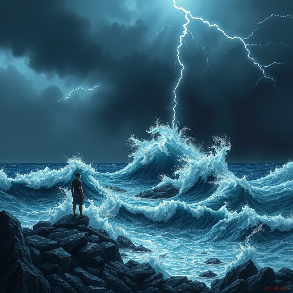 Figure Gazing at Turbulent Ocean in Dark Fantasy Style