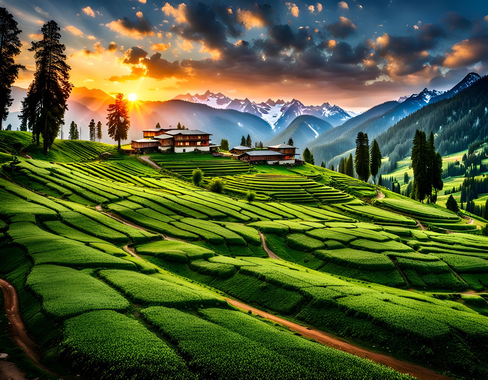 Kashmir Tea Plantation Sunset in Hyperrealistic Style