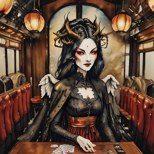 Angel and Demon Engage in Whimsical Card Game in Vintage Tra...