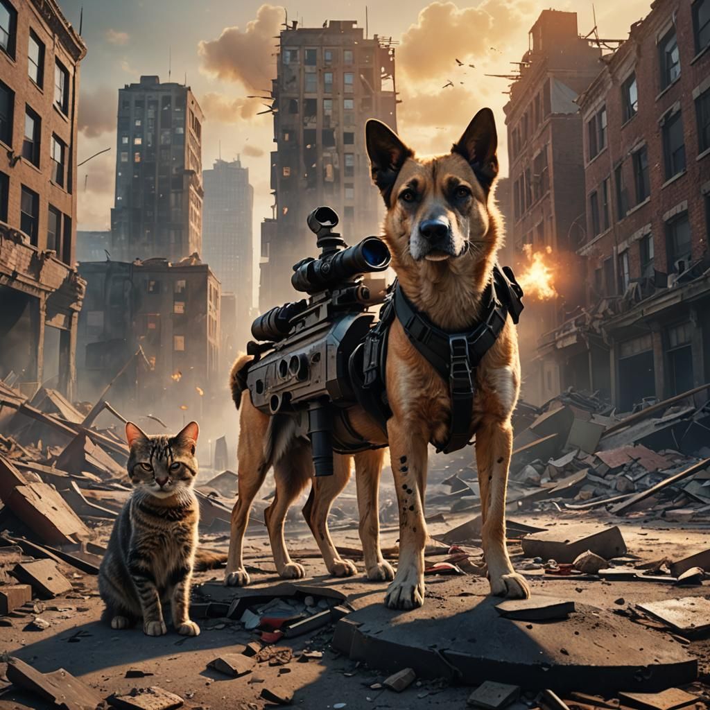 Dog and Cat Face-Off in War-Torn City