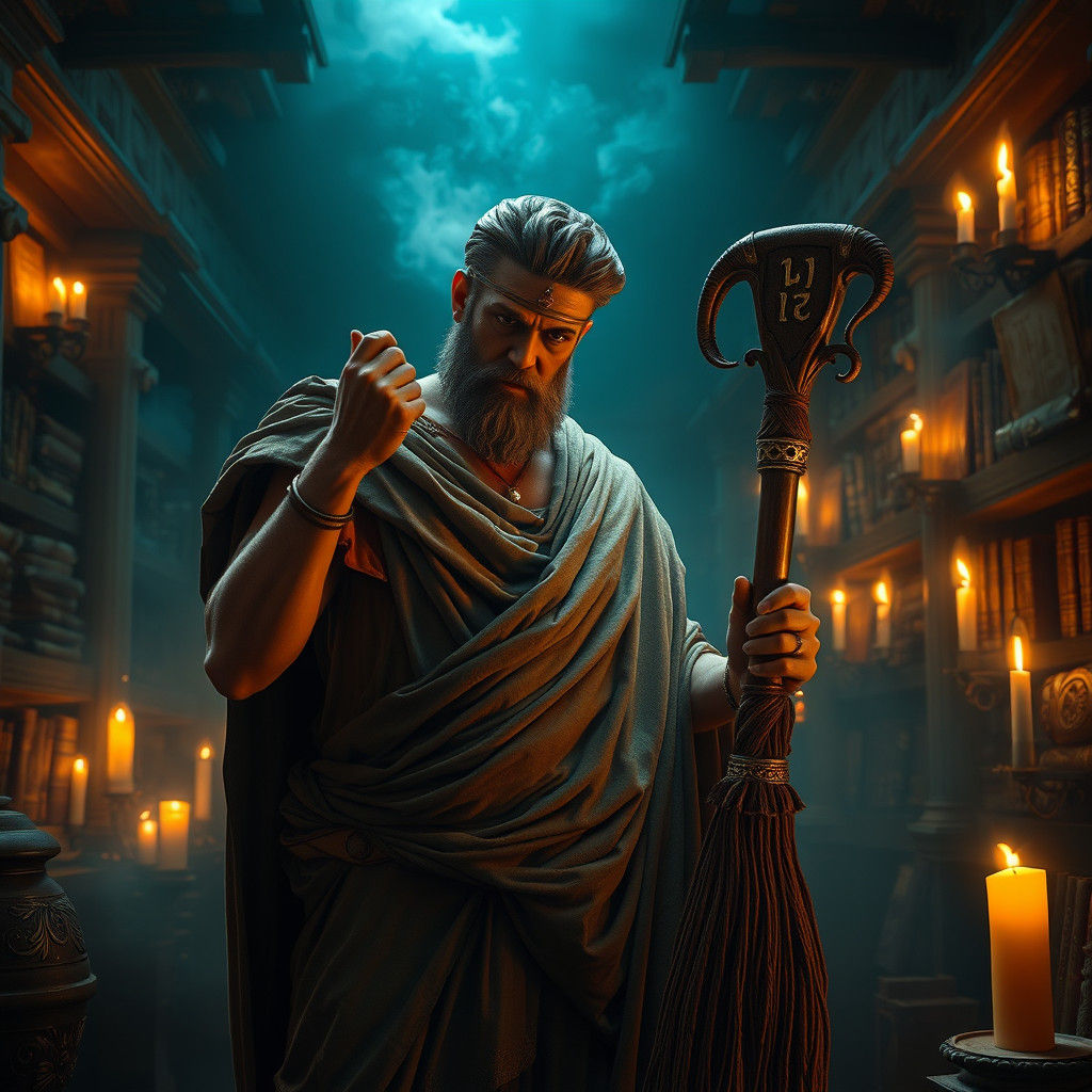 Roman Senator Examines Mystical Mop in Library