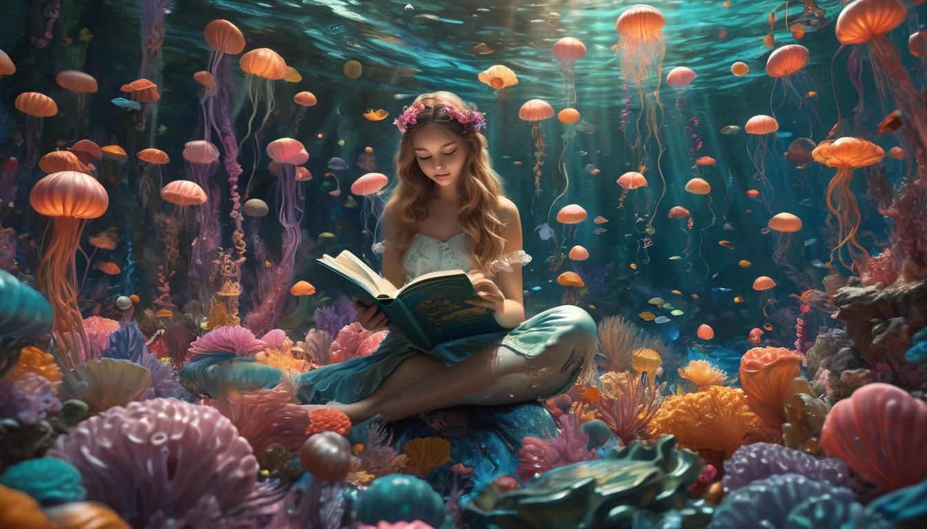 Mermaid Reading in Candy Art Underwater Kingdom