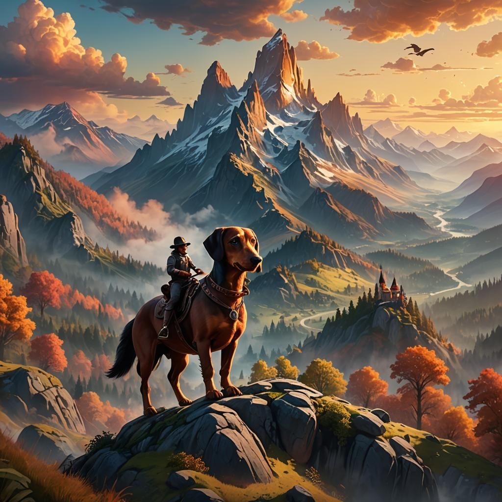 Majestic Sausage Dog Rides Horse on Golden Mountain
