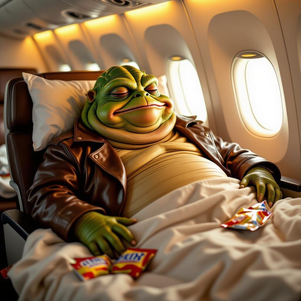 Jabba the Hutt Sleeps: Retro Sci-Fi Airplane Scene