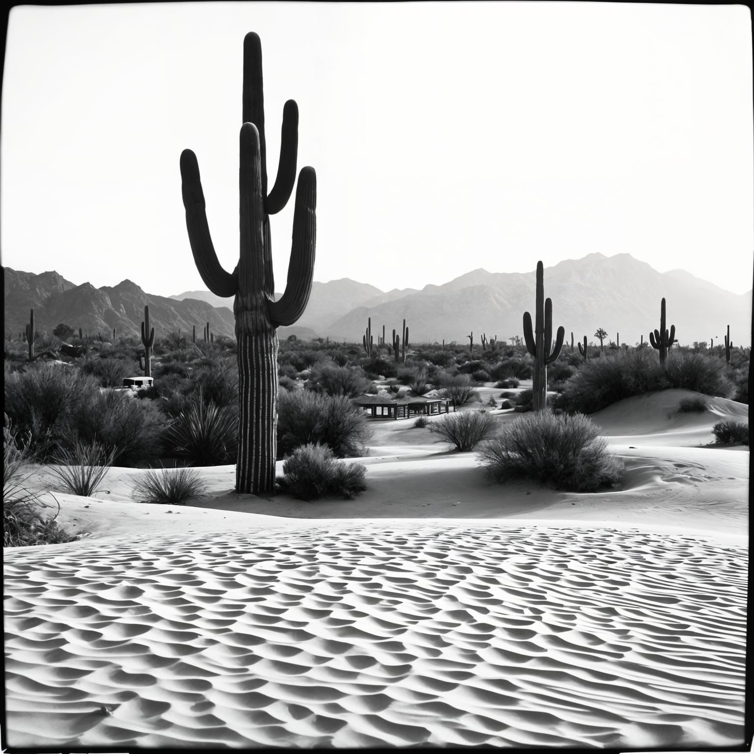 Monochrome Sonoran Desert Landscape in Vintage Polaroid Styl...