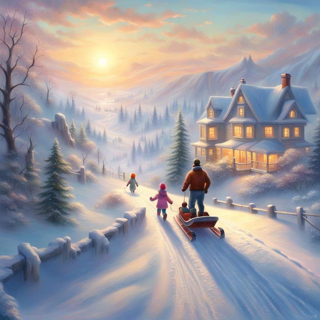 Father and Daughter Snow Race in Winter Wonderland