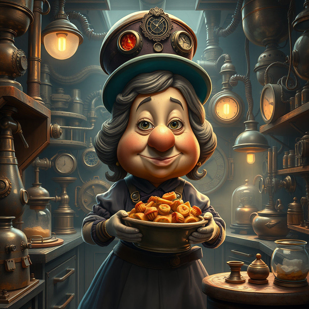 Steampunk Stepmom in Ornate Kitchen, Digital Matte Painting