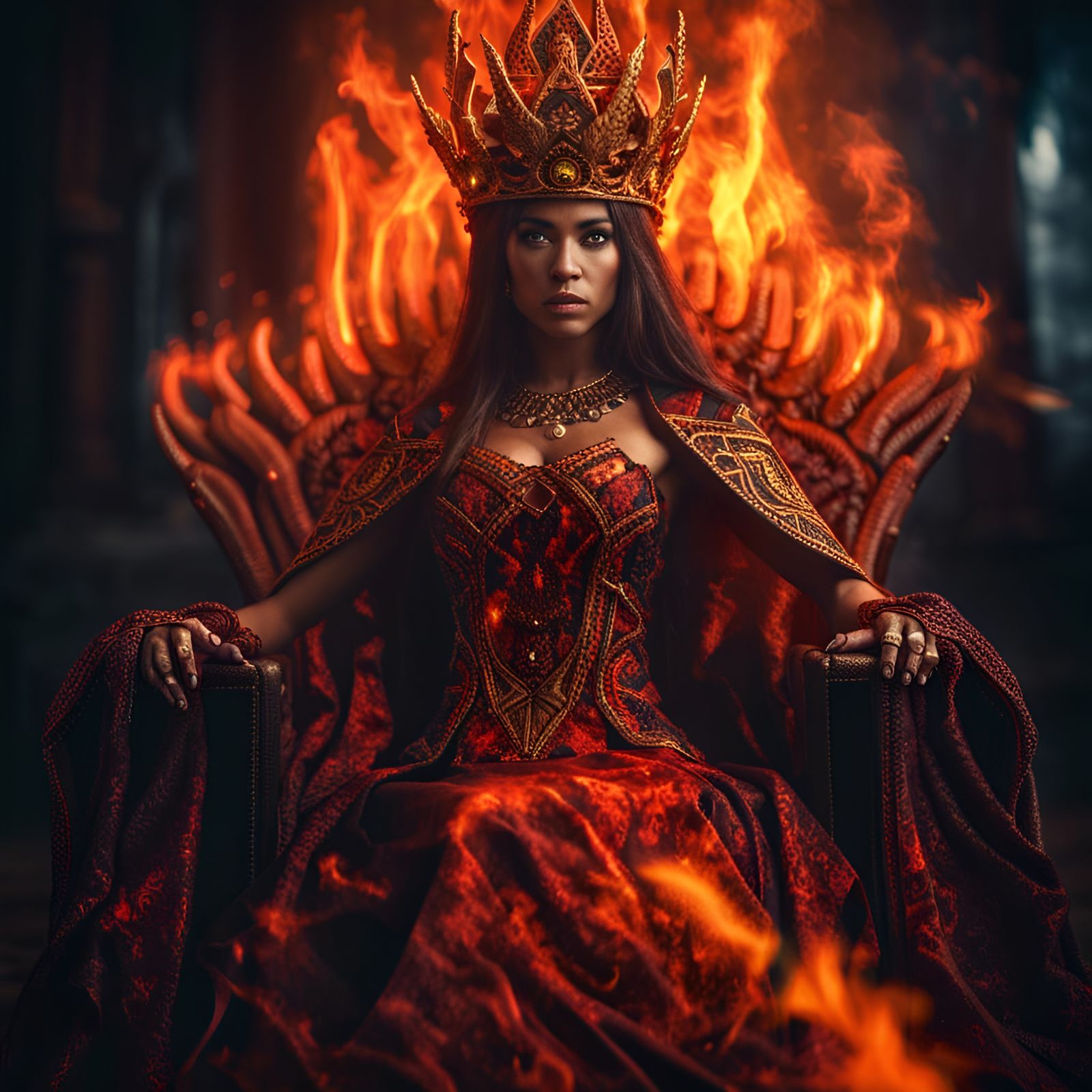 Fiery Empress on Throne: Hyperrealistic Concept Art