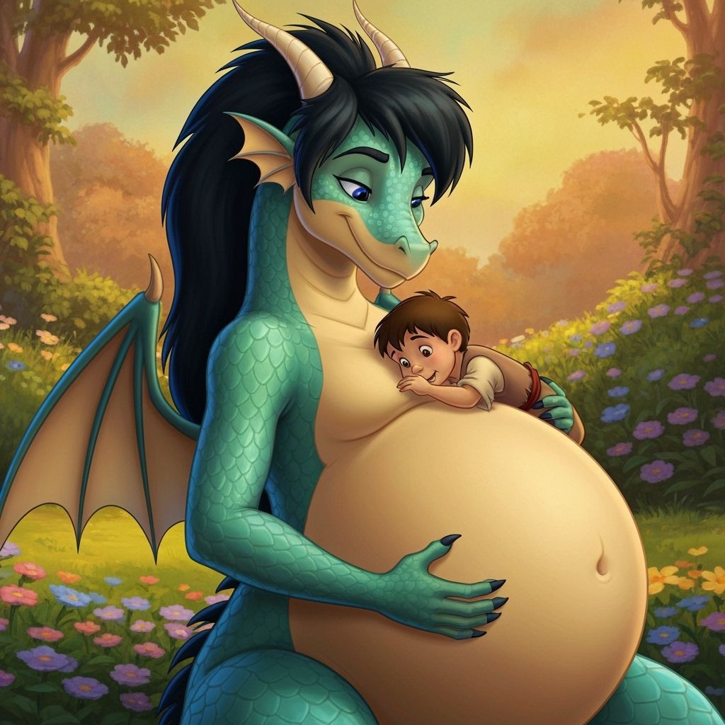 Kind Dragoness Cradles Orphan Boy, Animated Style