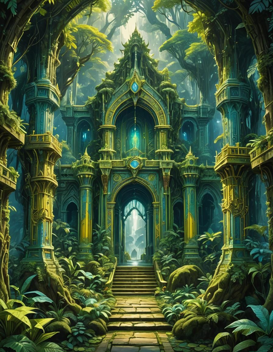 Sci-Fi Elven Palace with Blue-Green Portals in Rainforest
