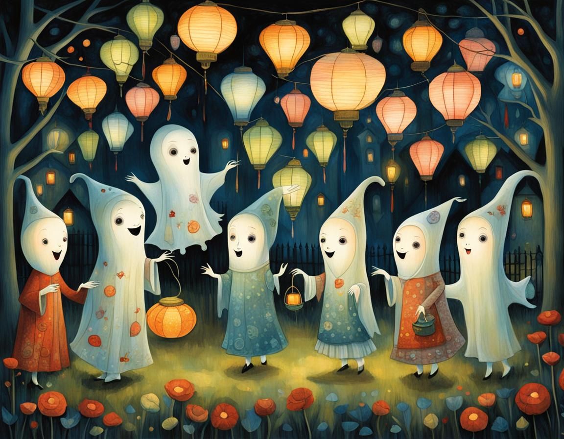 Garden Party with Laughing Ghosts in Storybook Style
